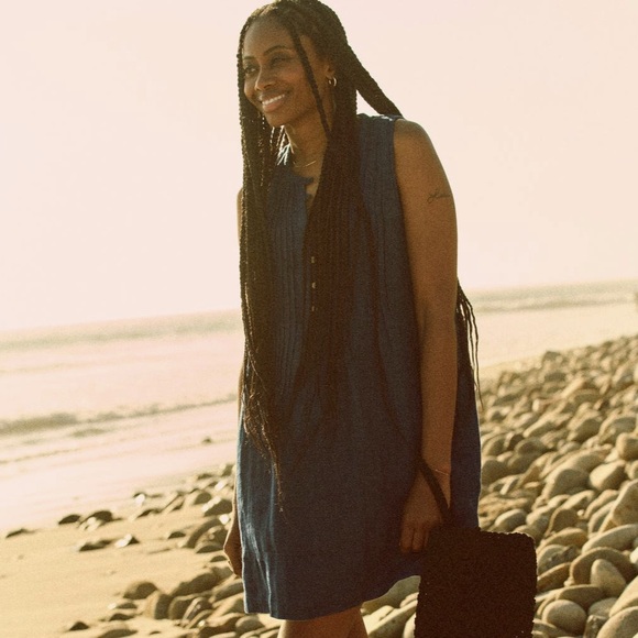 FAHERTY Women’s Size L Blue Linen Isha Sleeveless Pintuck Button-Bodice Dress - Picture 12 of 12